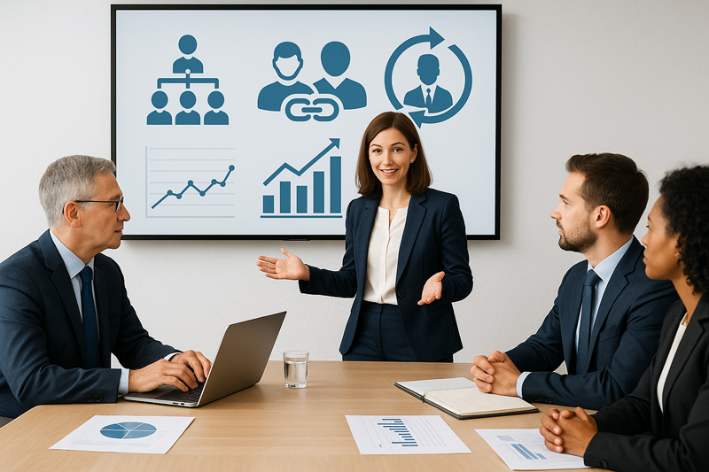Réunion d'affaires avec une femme en costume présentant des stratégies de management de transition devant un écran, entourée de trois collègues attentifs.
