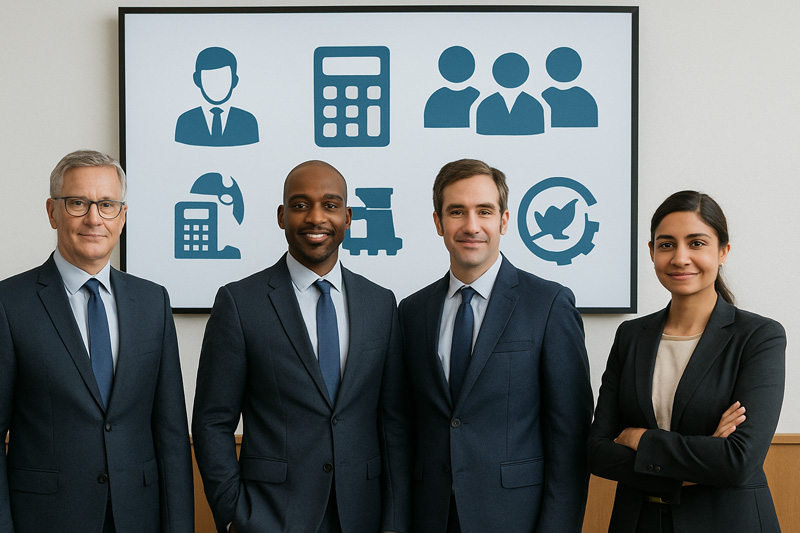 Groupe de dirigeants en management de transition, représentant différents secteurs d'expertise tels que finance, ressources humaines, production, supply chain, IT et achats, prêts à accompagner les entreprises dans leur transformation.