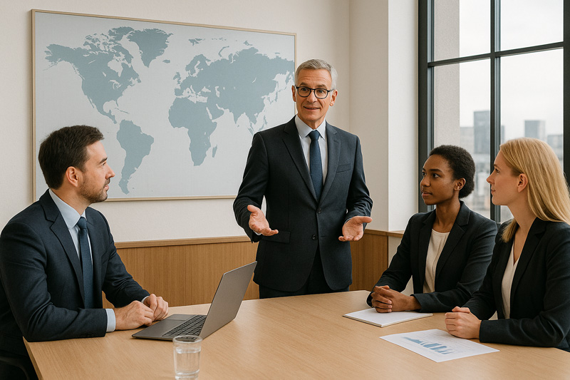 Réunion de dirigeants internationaux en management de transition, avec un cadre présentant des solutions de transformation devant une carte du monde, symbolisant l’expertise internationale du cabinet.